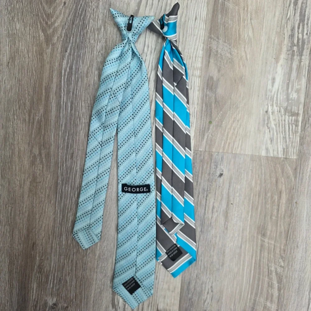 Boys Clip On Necktie Set of 2 Turquoise Grey Stripe Light Blue Dotted RN 29526